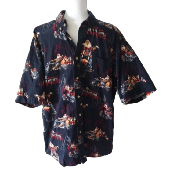 Reel Legends Santa Motorcycle North Pole Choppers button front shirt. Sz.‎ L - Picture 1 of 7